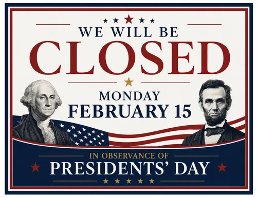 Presidents' Day closing sign, Monday, February 15th