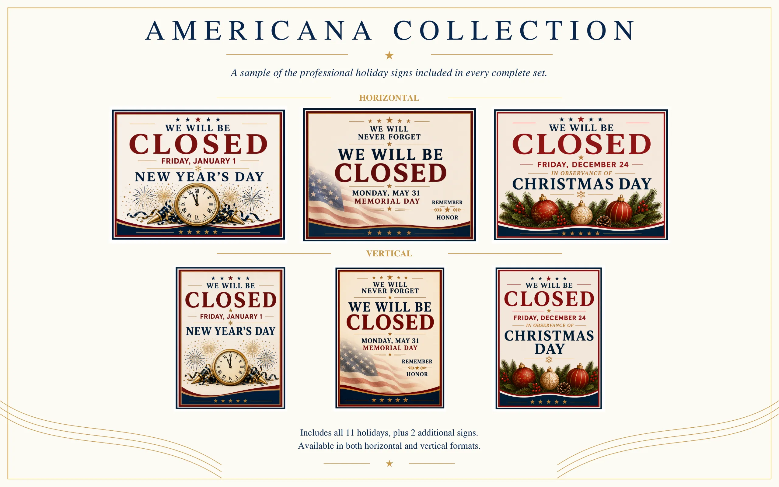 Americana Collection sample signs: New Year's Day, Memorial Day, and Christmas Day
