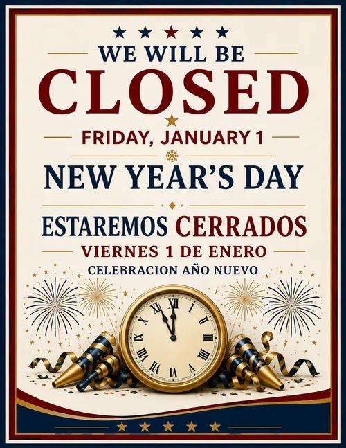 New Year's Day closing sign in English and Spanish, Friday, January 1st