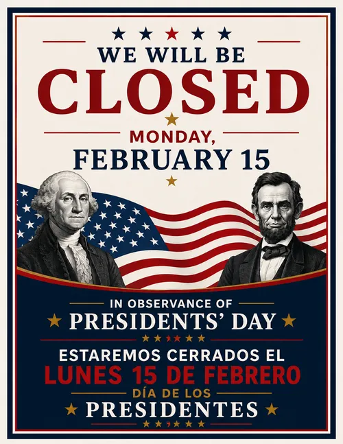 Presidents' Day closing sign in English and Spanish, Monday, February 15th