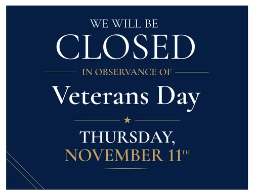Veterans Day closing sign, Thursday, November 11th