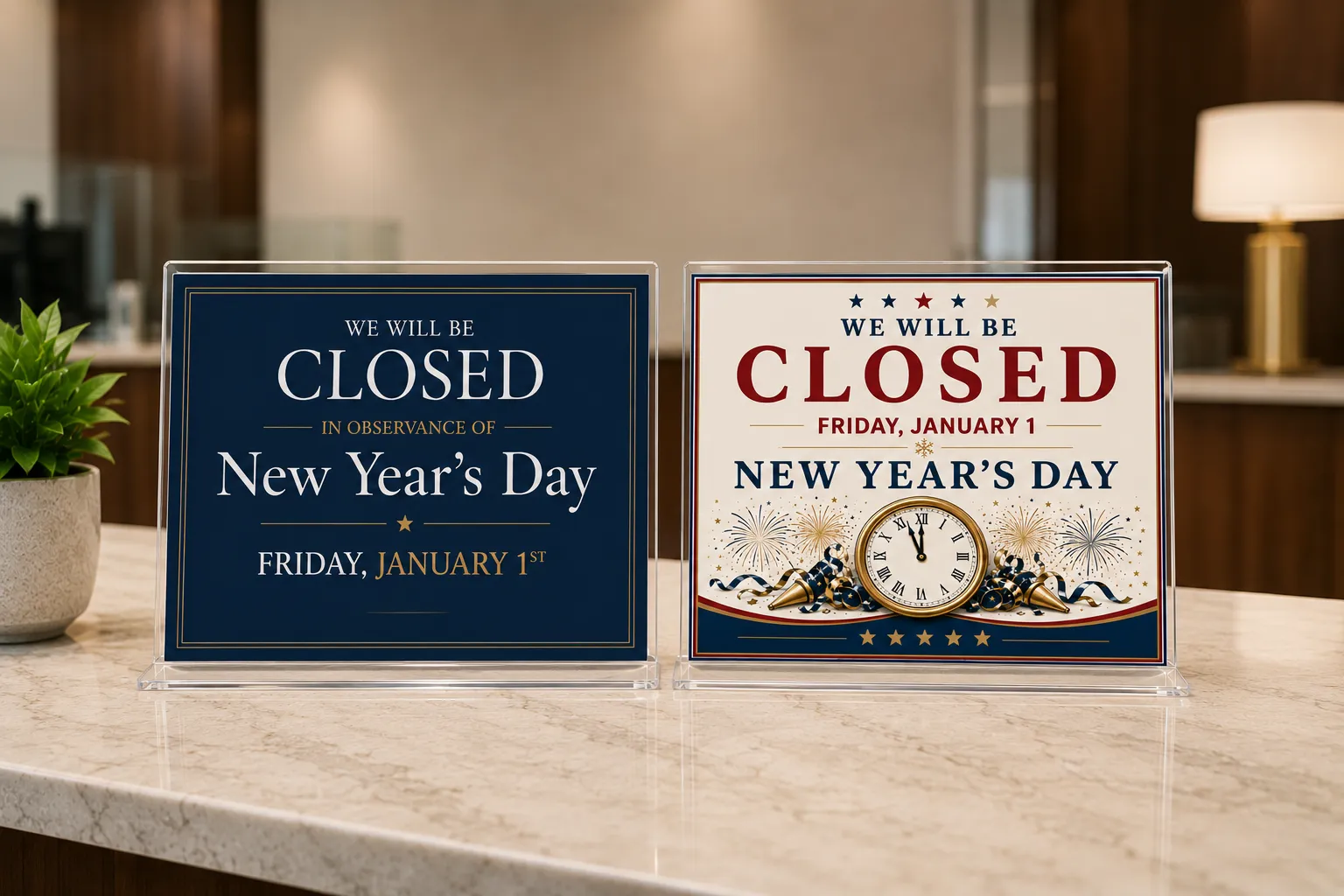 Executive Collection and Americana Collection New Year's Day closing signs displayed in acrylic sign holders on a lobby countertop