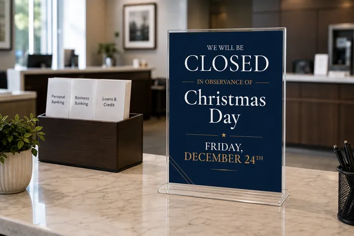 Christmas Day sign displayed on a bank counter using a countertop sign holder