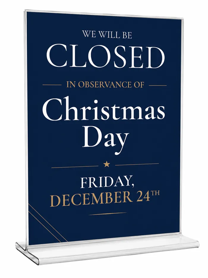 Vertical Countertop Sign Holder with a holiday closing sign inserted