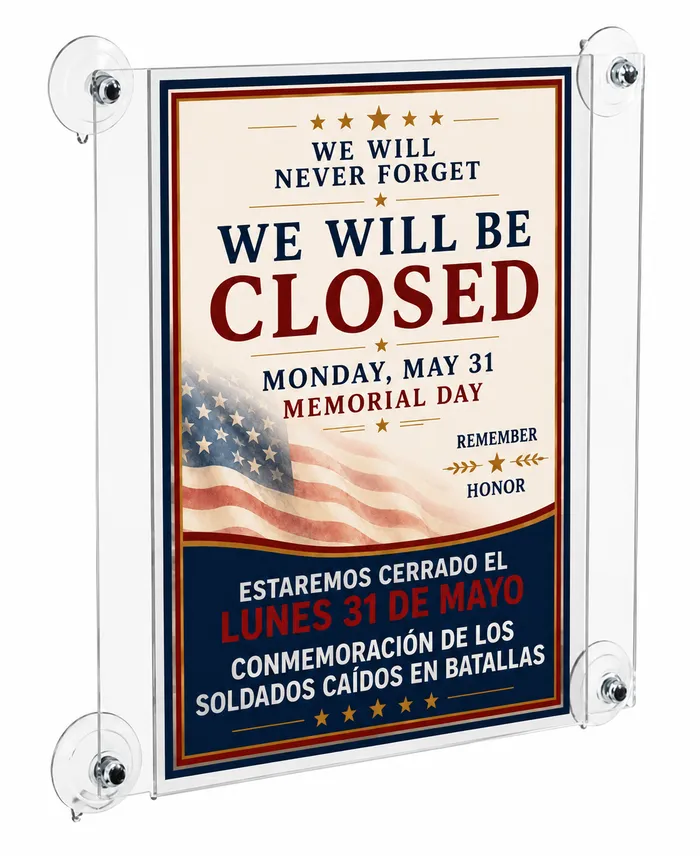 Vertical Suction Cup Sign Holder with a holiday closing sign inserted
