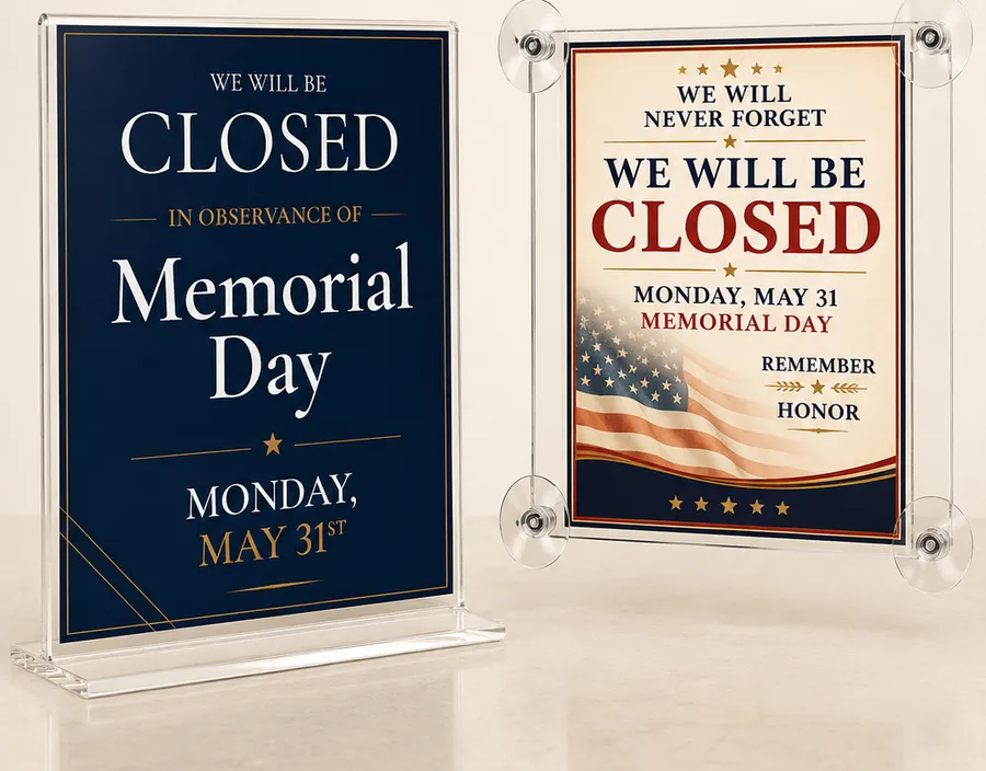 Memorial Day closing signs displayed in a vertical countertop sign holder and a vertical suction cup sign holder