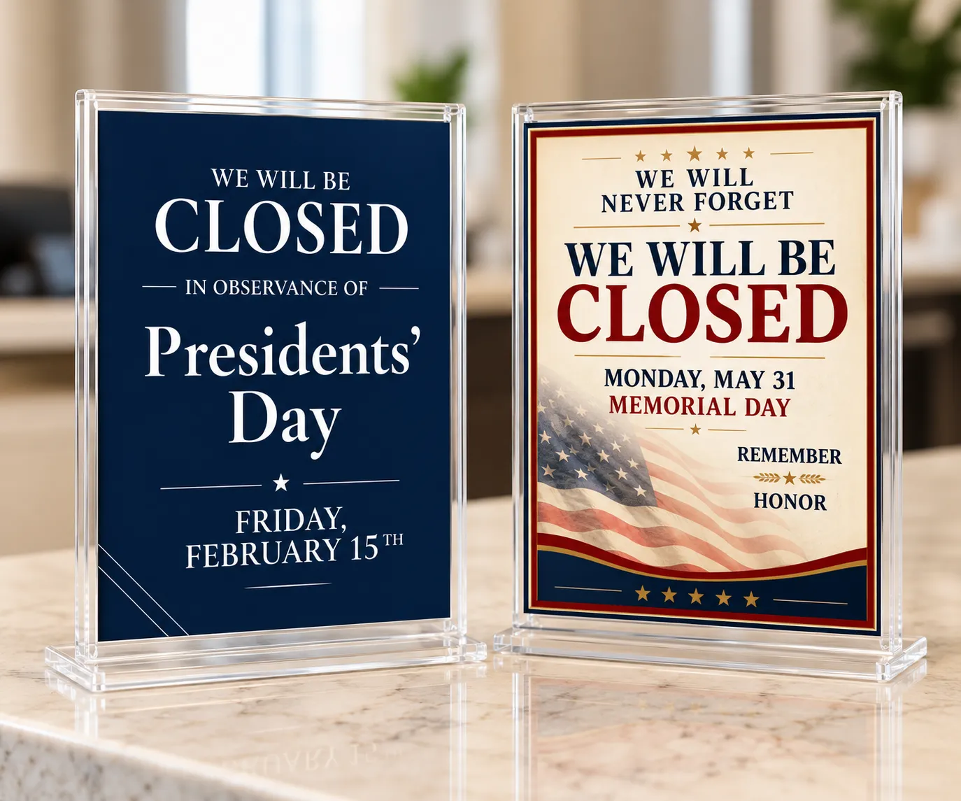 Memorial Day closing signs displayed in a vertical countertop sign holder and a vertical suction cup sign holder
