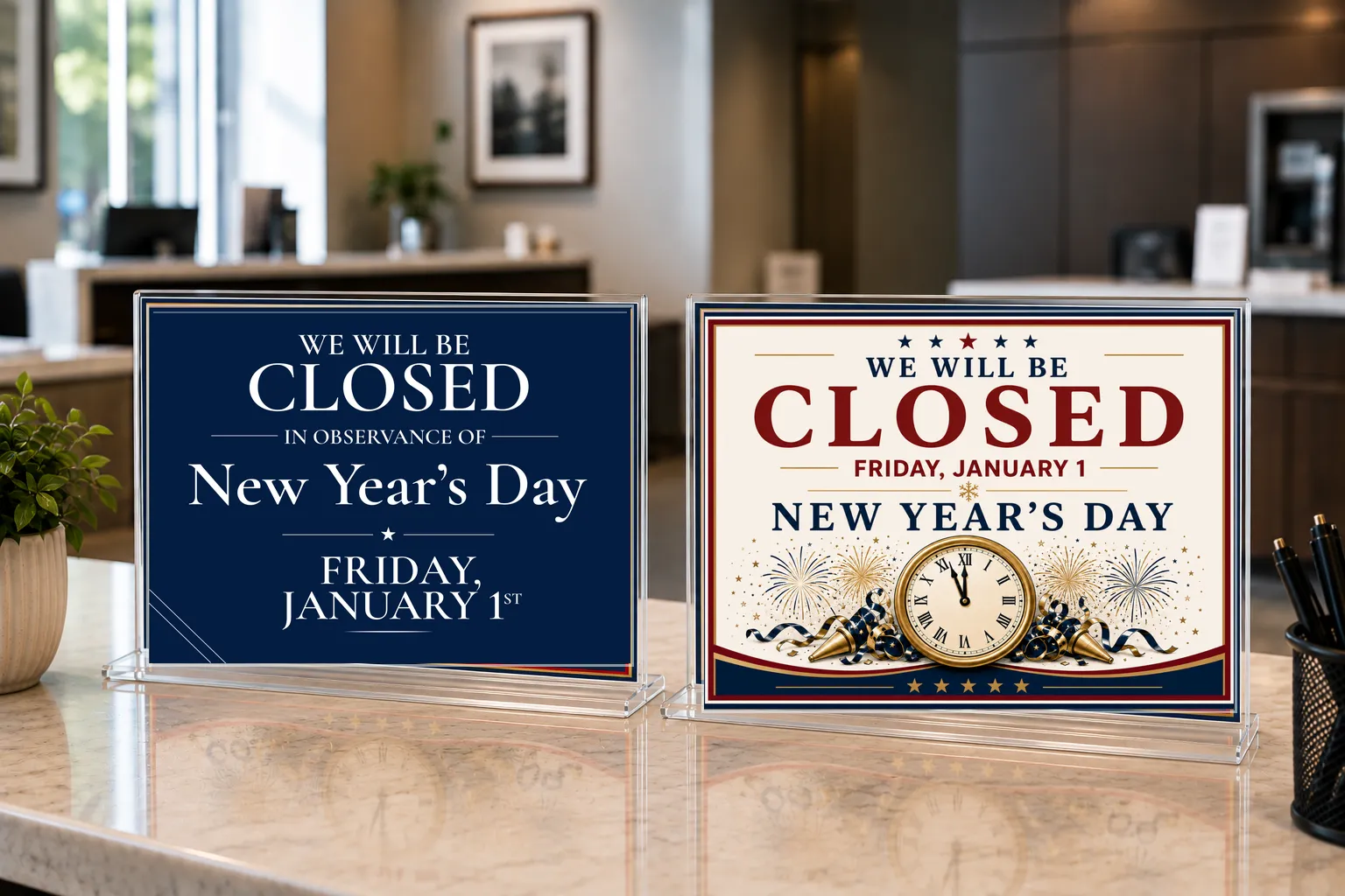 Executive Collection and Americana Collection New Year's Day closing signs displayed in acrylic sign holders on a lobby countertop